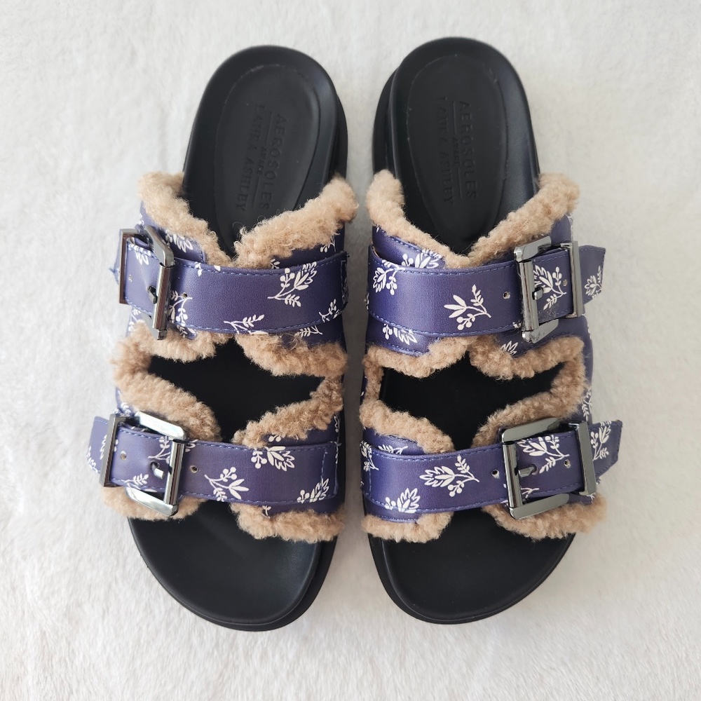 Aerosoles Laura Ashley Olivia Slides Floral Shearling Fur‎ Platform Sandals 7.5